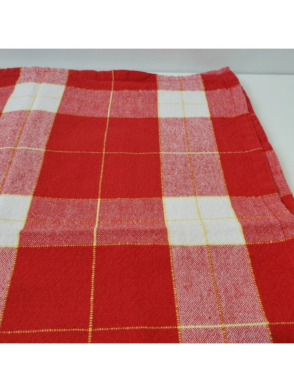Set of 4 Napkins Cotton Blend Red Buffalo Checked  Yellow Ticking Stripe Picnic
